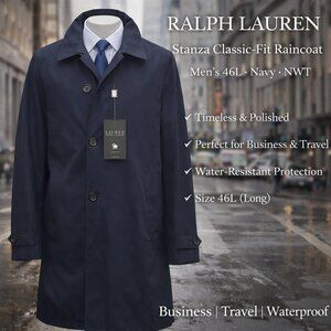 Ralph Lauren Men’s Stanza Classic-Fit Raincoat Navy 46L Waterproof Trench NWT